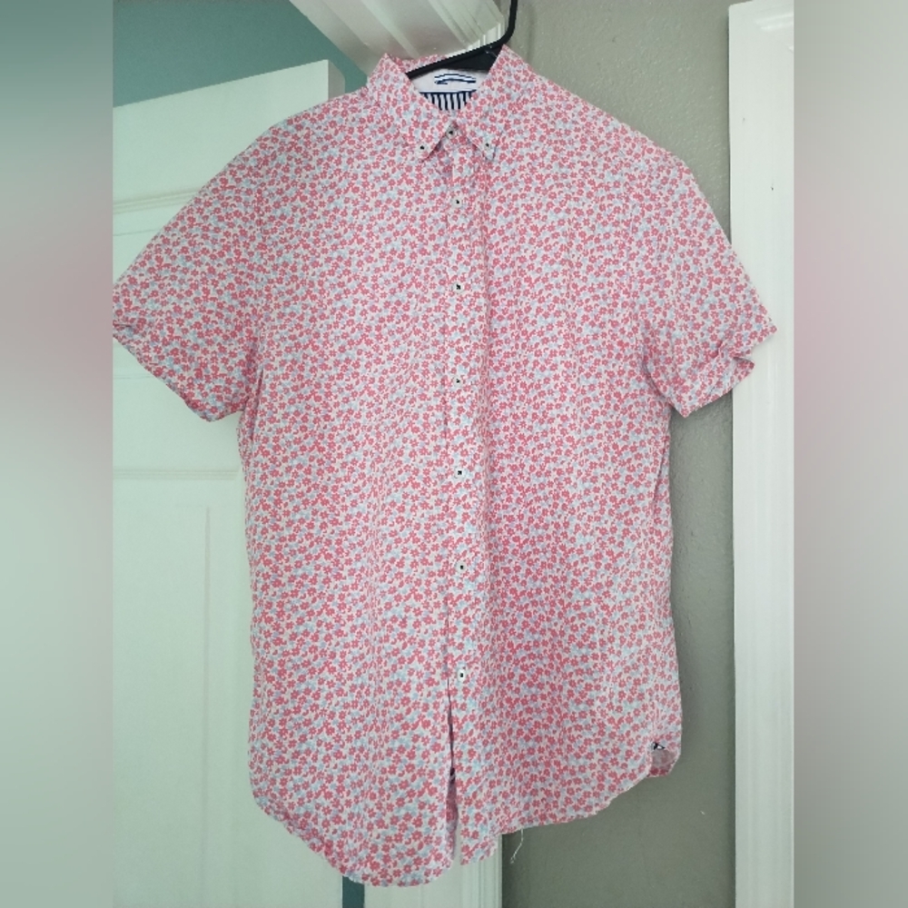 Denim And Flower Mens Short Sleeve Button Down Size Medium Colorful Lightweight